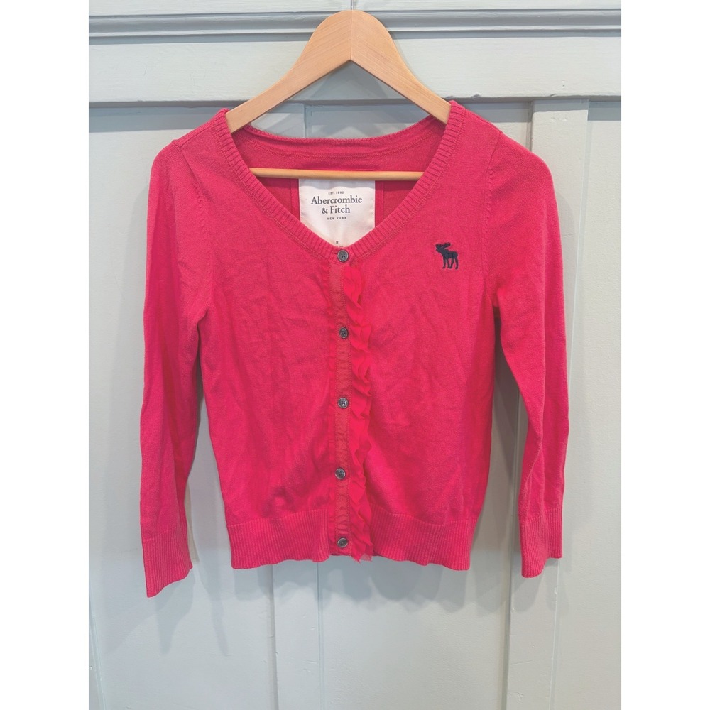 Vintage Abercrombie Y2K Hot Pink Ruffle Cardigan Moose Logo Sweater M